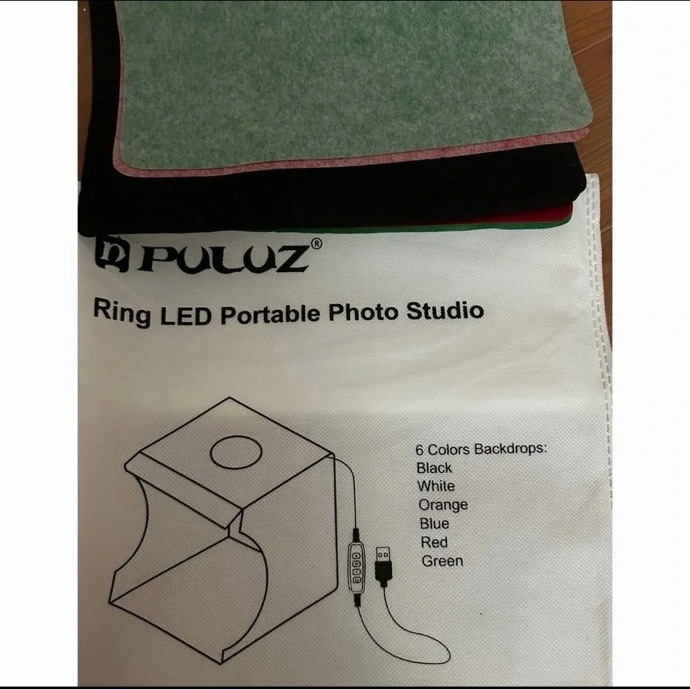 Ring led portable photo studio Includes 6 backdrop colors One light box